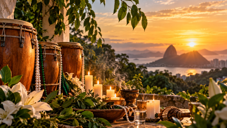 Atabaques, velas, ervas e flores representando elementos da espiritualidade umbandista.