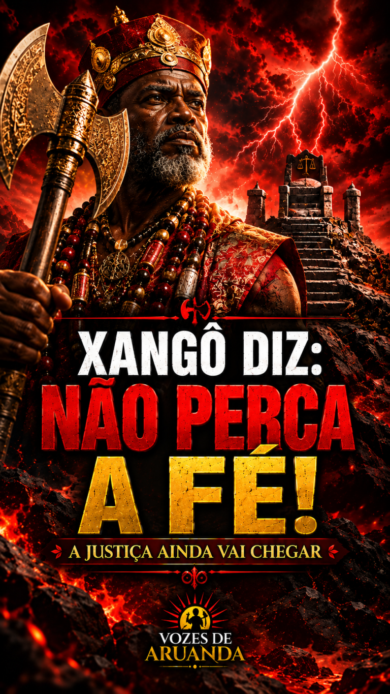Representação artística de Xangô segurando seu machado de duas lâminas, diante de uma pedreira iluminada por raios, com a mensagem “Xangô diz: Não perca a fé! A justiça ainda vai chegar” e a marca Vozes de Aruanda.