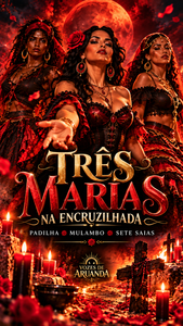 Arte de capa do ponto cantado Três Marias na Encruzilhada, com representações de Maria Padilha, Maria Mulambo e Maria Sete Saias.